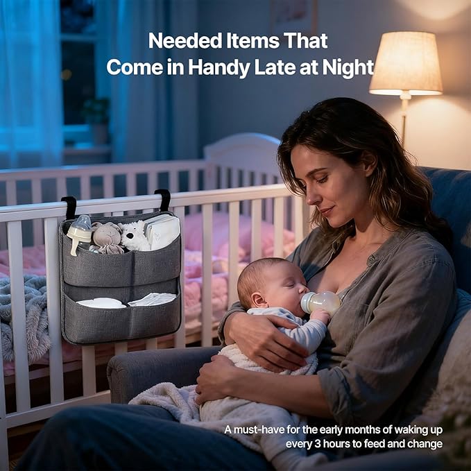 Hanging Diaper Organizer for Crib – Large Capacity Diaper Caddy Holder with 4 Deep Pockets, Diaper Bag Organizer for Changing Table,Bassinet, Stroller,Playpen accessories