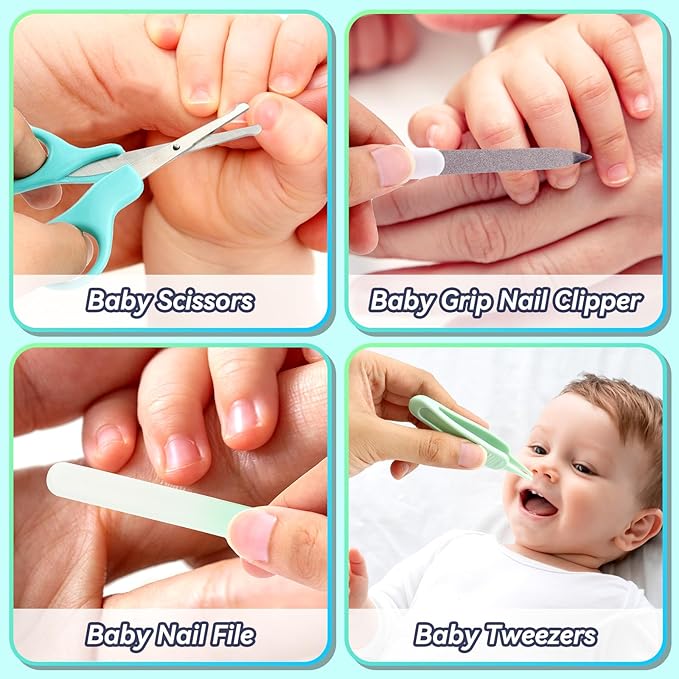 Baby Healthcare and Grooming Kit, 14 in 1 Baby Safety Set Newborn Nursery Health Care Set with Hair Brush Scale Nail Clippers for Baby Girls Boys(14 Kits Green)