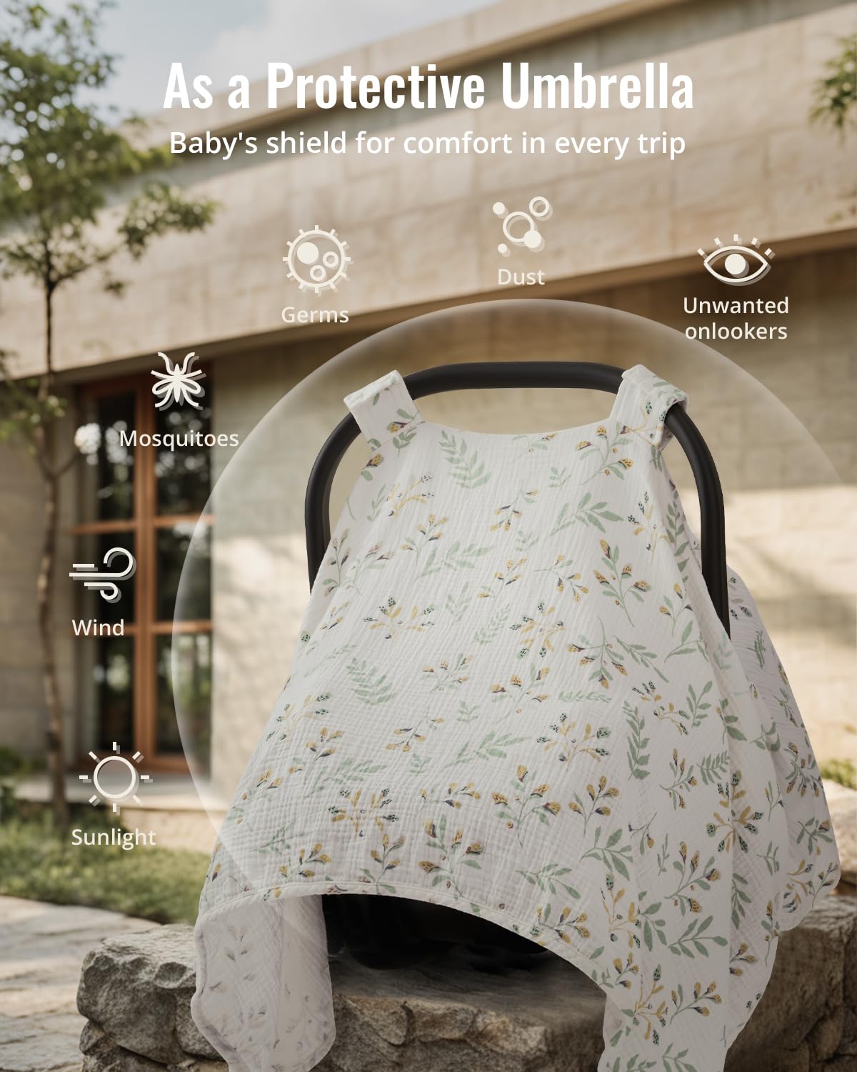 Blissful Diary Baby Car Seat Cover, Extra Large Mesh Window, Breathable Muslin Cotton, Infant Windproof Canopy, Must-Have Baby Gift - Roman Green
