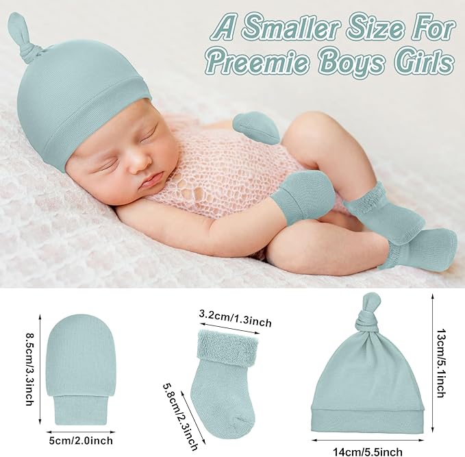 6 Pcs Preemie Hats Mittens and Socks Set Cotton Preemie Cap Knotted Hat No Scratch Warm Terry Socks for Boys Girls