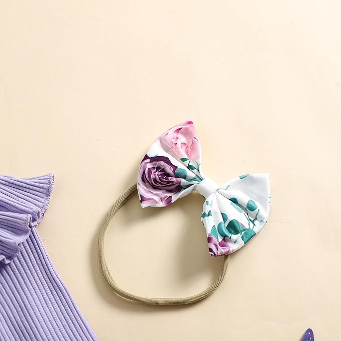 Baby Girls Clothes Ribbed Romper Bodysuit Pants Headband Set Fall Winter Outfits