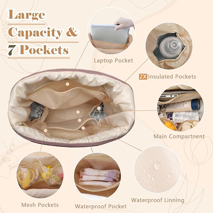 miss fong Diaper Bag Backpack - Baby Diaper Bag Neoprene Bag Large Capacity Neoprene Backpack with Diaper Changing Pad with 12 Pockets for Mom & Dad -Mauve