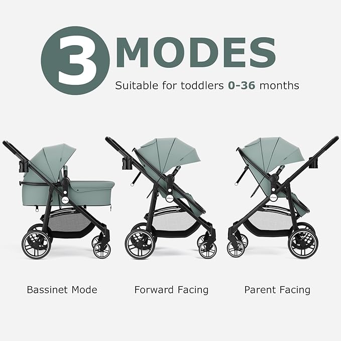 INFANS 2 in 1 Baby Stroller, High Landscape Infant Stroller & Reversible Bassinet Pram, Foldable Pushchair with Adjustable Canopy, Cup Holder, Storage Basket, Suspension Wheels (Green)