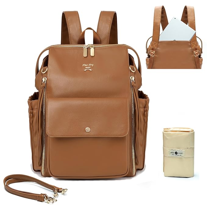 miss fong Diaper Bag Backpack Baby Diaper Bag for Girls and Boys, Leather Purse with 13 Pockets Diaper Bag Organizer,Changing Pad,Stroller Straps,4 Insulated Pockets