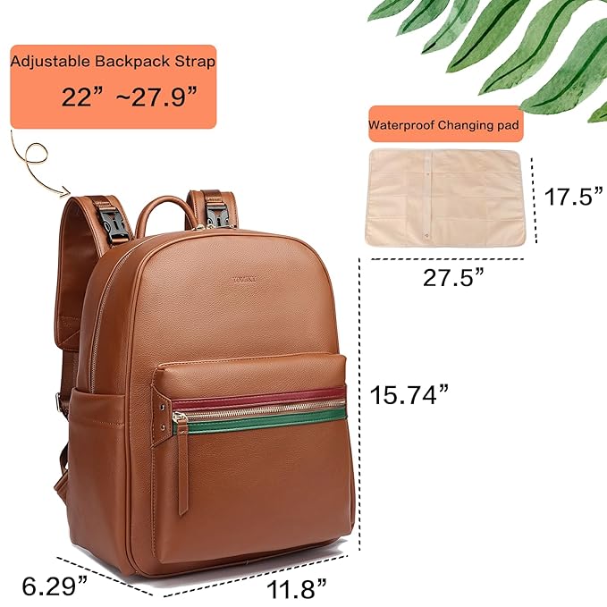Leather Diaper Bag Backpack for Women with Multiple Pockets,Laptop Compartment and Changing Pad.