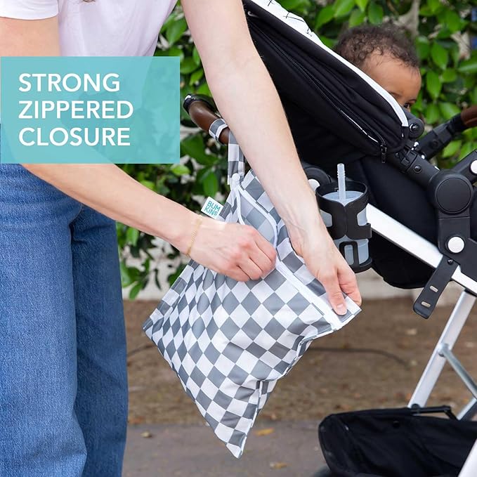 Bumkins Waterproof Wet Bag for Baby, Travel, Swim Suit, Cloth Diapers, Pump Parts, Pool, Beach, Gym Clothes, Toiletry, Hook to Stroller, Daycare, Zipper Reusable Wetdry Packing Pouch, Gray Check