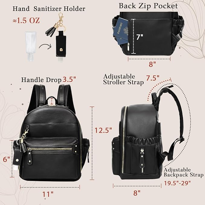 miss fong Small Diaper Bag Mini Diaper Bag Backpack Mini Backpack with 11 Pockets Baby Diaper Bag with Hand Sanitizer Holder, 2 Insulated Pockets-BALCK
