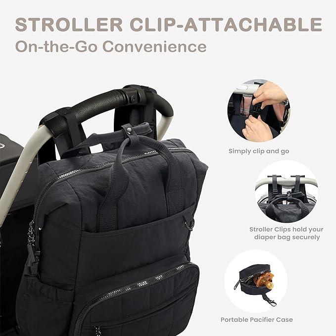 VONAL Diaper Bag Backpack, Lightweight Baby Diaper Bags, Travel Large Diaper Bag with Changing Station, Black Diaper Backpack for Boys Girls Newborn with Insulated Pockets, Stroller Straps