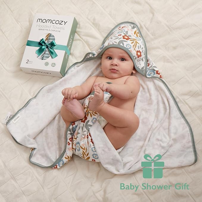 Momcozy Baby Towel with Hooded-2 Pack Soft Bath Towel Set-Shower Gifts or Bath Essential for Infant,Newborn, Toddler (28 X 28 Inch, Petite Blossom)