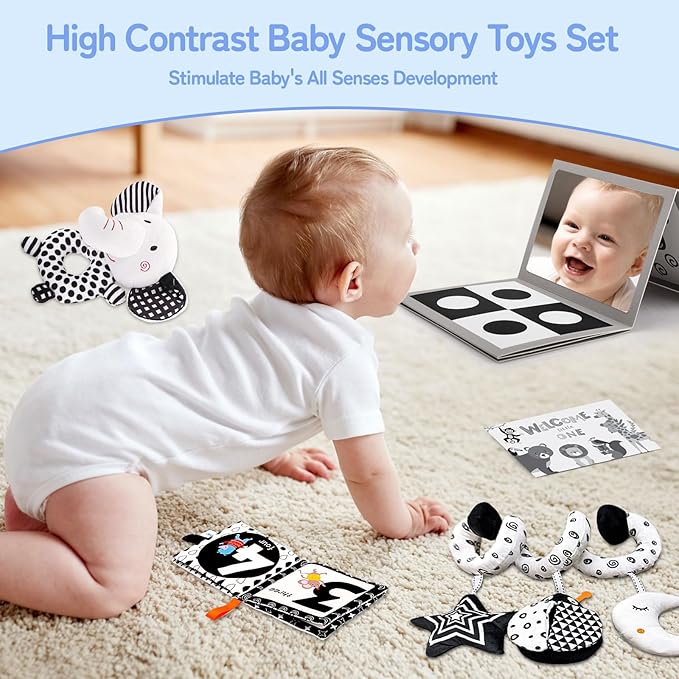 High Contrast Baby Toys for Newborn, Black and White Baby Sensory Toys for 0-6-12 Months Brain Development, Montessori Infant Toys for Baby Boy Girl Shower Gifts