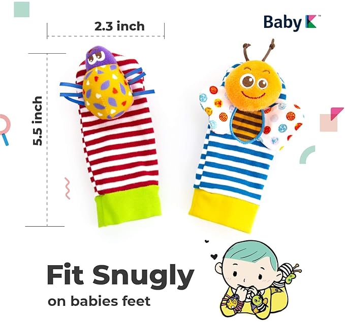 BABY K Baby Rattle Socks for Girls & Boys (Set B) - Baby Toys 6-12 Months - Baby Wrist Rattles and Foot Rattles - Baby Toys for Newborns As Gift - Easy to Wear Baby Rattle Toys