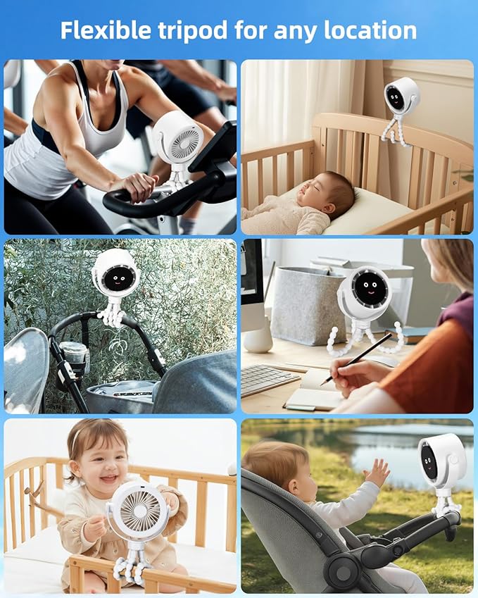 Stroller Fan Portable, Personal Fan for Travel, Air Turbo Tech & Digital display, Detachable 5 Speeds Rechargeable 360° Rotate Flexible Tripod, For Home Office Stroller (White)
