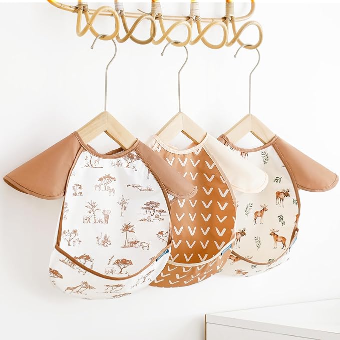 GRSSDER 3-pack Mess Proof Baby Feeding Bibs with Food Catcher Pocket, Soft Lightweight Waterproof Fabric Material with Zero Plastic-like Feel, Adjustable and Easy Clean Toddler Bibs for 6-36 Months