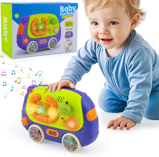Ayyomo 3 in 1 Montessori Toys Bus, Light Up Baby Musical Toys for Toddlers 1-3 Year Old, Road Trip Busy Board for Car Seat Travel Essential, 2 Bell Wheel Sensory Toys, Birthday Gift for Boy Girl Kid