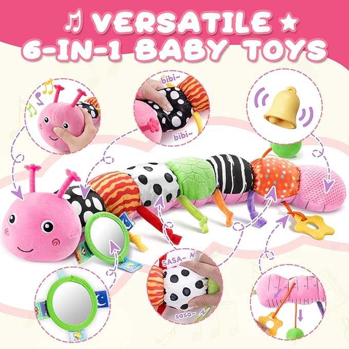 Baby Toys 0-6-12 Months,Musical Caterpillar Stuffed Animals Activity Infant Toys with Crinkle,Rattles,Mirror&Pull String,Muti-Sensory Toys Gifts for Newborn Tummy Time,Pink,Knot prolegs