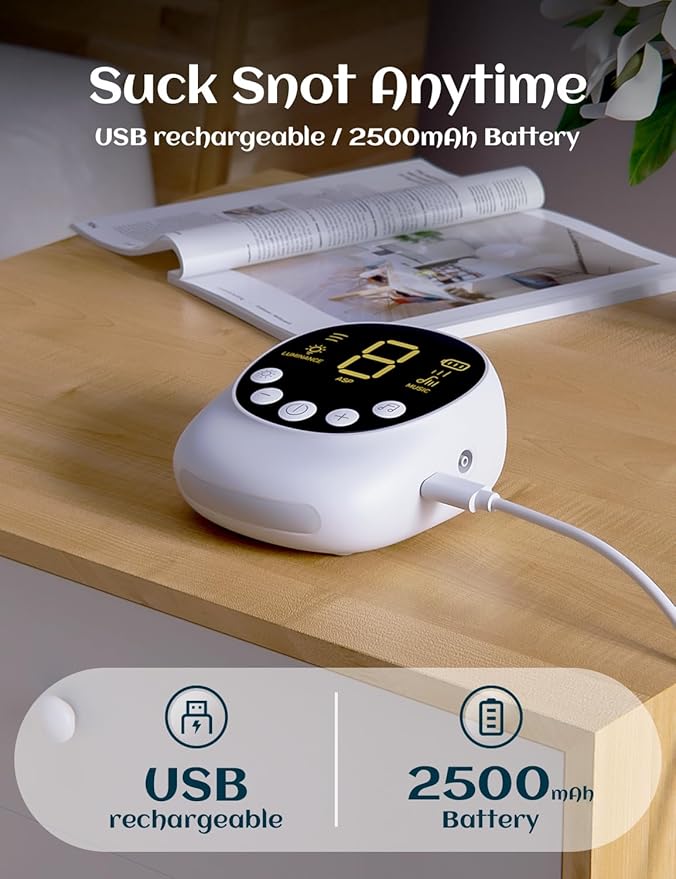 Nasal Aspirator for Baby, Hospital Grade, Electric Nose Sucker with Adjustable 9 Levels Suction, Rechargeable with Night Light and Nursery Rhyme, White