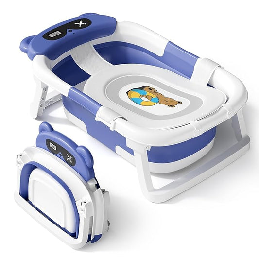 AVIDOR Baby Bathtub,Collapsible Bathtub for Newborn to Toddler,Durable Essential Infant Bath Tub,Portable Travel Baby Bathtub with Soft Cushion,No-Slip Hanging and Detachable Bathtub(Navy Blue)