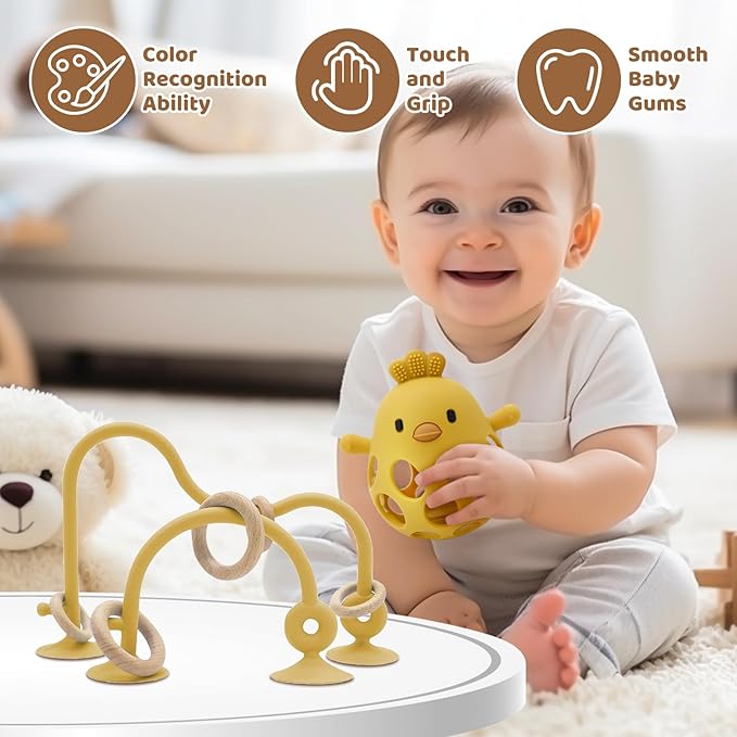 Baby High Chair Suction Toys Teething Chew - Baby Table Toys, Teething Toys Silicone Teethers, Food Grade Silicon for 6 12 18 Months (Yellow)