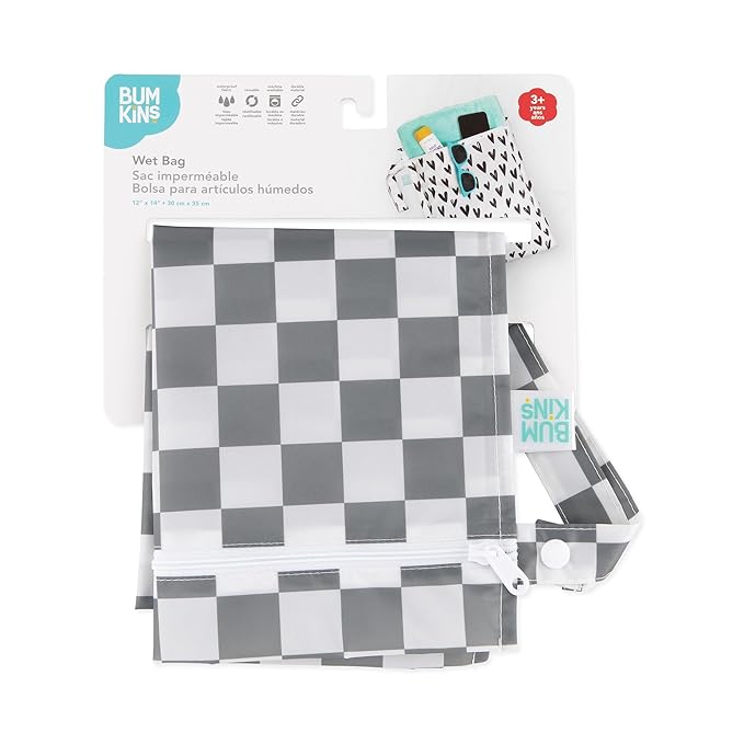 Bumkins Waterproof Wet Bag for Baby, Travel, Swim Suit, Cloth Diapers, Pump Parts, Pool, Beach, Gym Clothes, Toiletry, Hook to Stroller, Daycare, Zipper Reusable Wetdry Packing Pouch, Gray Check