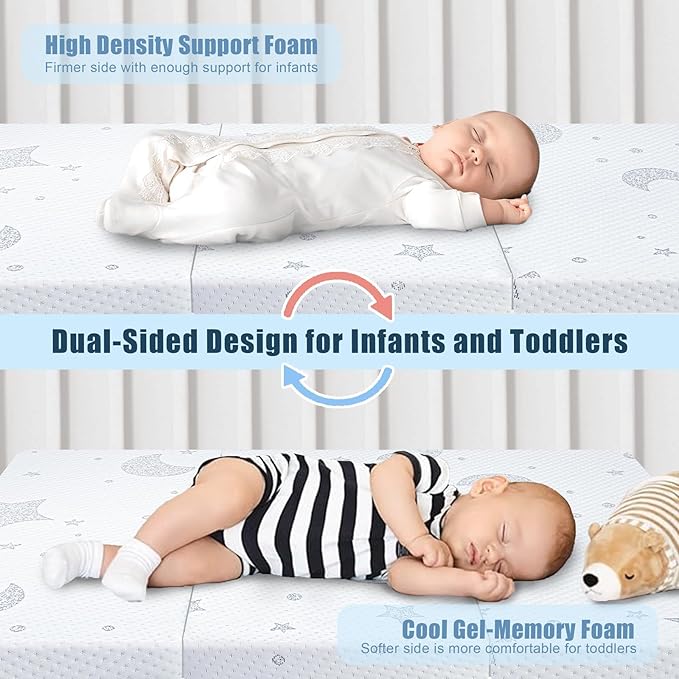 Pack and Play Mattress, Pack N Play Mattresses with Dual-Sided Memory Foam, Foldable Baby Mattress for Pack and Play Playpen with Removable Cover and Travel Bag