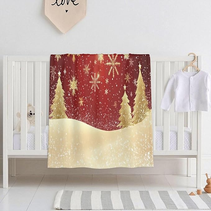 Baby Blanket Gold Christmas Tree Pattern Snowflake for Boy Girl Newborn 30x40 Inch Toddler Infant Nursery Throw Blankets Double Layer Comfy Soft Plush Stroller Crib Quilt