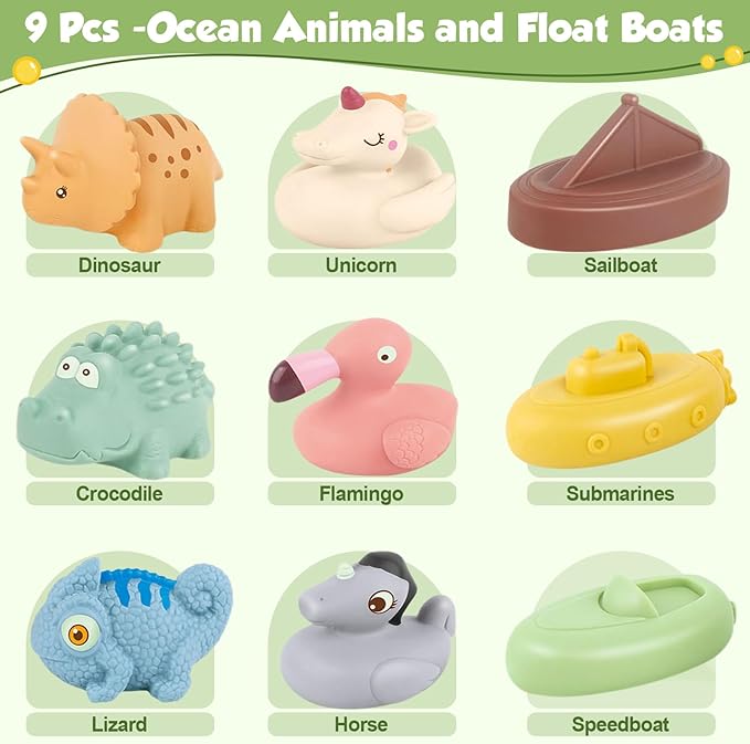 Bath Toys for Babies, 9 Pack Mold Free & No Hole Bath Toys with Rubber Floating Boats & Animals, Toddlers Bathtub Water Play Toys for Baby Gifts