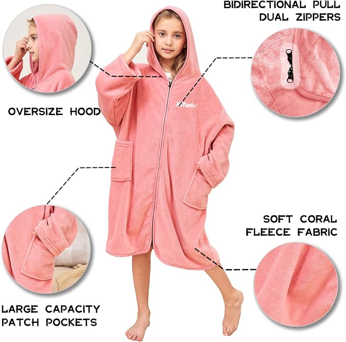Hiturbo Kids Bath Towel Hoodie: Soft Plush Zipper Surf Poncho - Warm Fleece Changing Towels Swimming Outerwear (Pink)