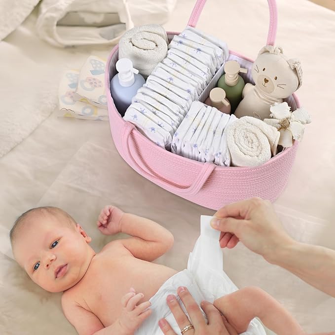 Baby Diaper Caddy Organizer, Cotton Rope Diaper Basket, Baby Basket for Changing Table, Nursery, Car, Changing Table Storage Bin With Removable Divider, Baby Shower Gifts for Newborn, Baby Essentials