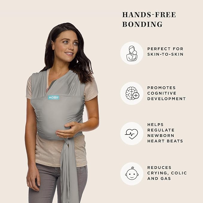 Moby Baby Wrap Carrier Classic for Newborns to Toddlers (8-33lbs), Infant Sling Carrier, Lightweight & Hands Free Design, Adjustable for All Body Types (Stone Grey)