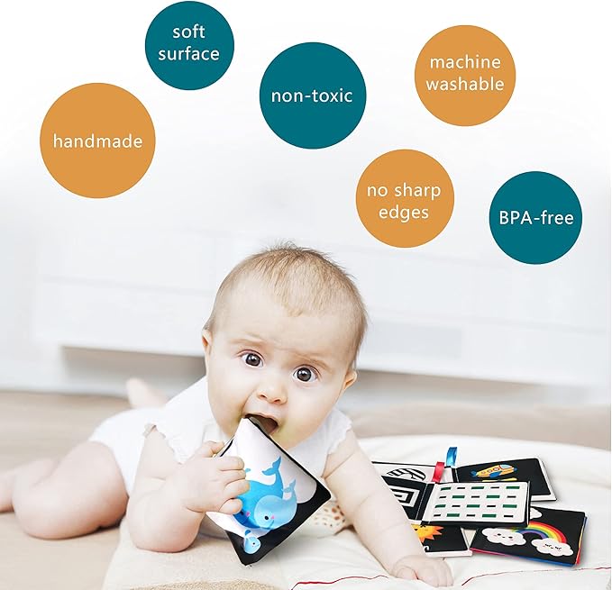 Soft Cloth Baby Book Toy 0-6 Months, Black White Baby Learning Book(Pack of 4),Touch and Feel Crinkle Infants 6-18 Months,Early Educational Toy 0-3, Gift for Babies Infants