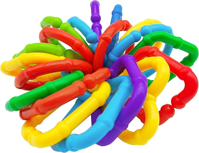 RAINBOW TOYFROG Baby Links Rings - 35 Geometric Linking Chains for Infants & Toddlers - Safe Teething and Sensory Development Toys - Car Seat & Stroller Accessories