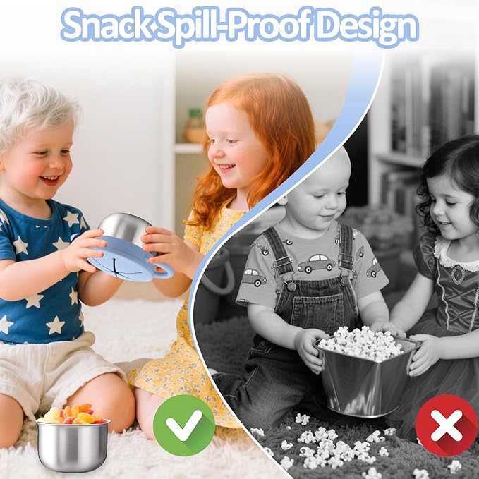 BUSOHA Stainless Steel Toddler Snack Cups - 9 OZ Spill-Proof Baby Snack Containers with Silicone Catcher and Lid Travel Snack Containers for Kids Food Grade Silicone Dishwasher Safe,Blue