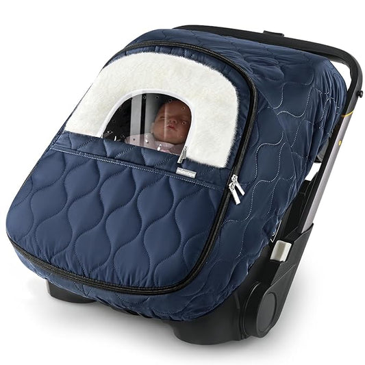 Winter Baby Car Seat Cover, Waterproof, Windproof Warm Fleece Breathable with Full Zipper for Newborn Car Seat, Navy