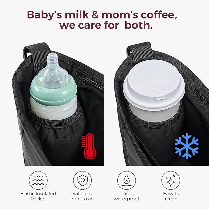 Momcozy Universal Stroller Organizer | Minimalist Caddy with 2 Insulated Bottle Holder | Silicone Anti-Slip Straps | Detachable Mini Pouch | Durable Dense-Weave, Fits for UPPAbaby/Doona & More