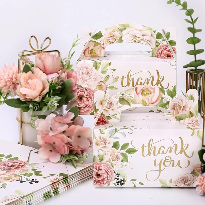 SOSFKIM Thank You Treat Boxes 12 Pack - Floral Party Favor Boxes Bulk Embossed Gold Foil - Goodie Gable Boxes for Baby Shower, Wedding, Birthday 6.3x3.5x3.5 Inch