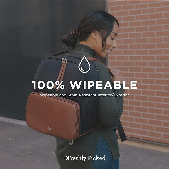 Freshly Picked Breast Pump Backpack, Wipeable Vegan Leather and Neoprene Breast Pump Bag, Fits Spectra S1 and S2, 3-Compartment, 8-Pocket