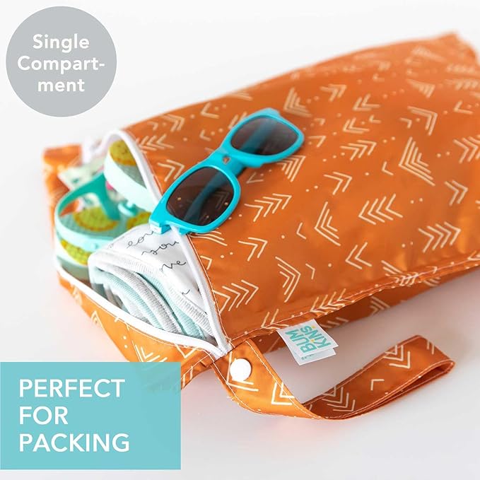 Bumkins Waterproof Wet Bag for Baby, Travel, Swim Suit, Cloth Diapers, Pump Parts, Pool, Beach, Gym Clothes, Toiletry, Hook to Stroller, Daycare, Zipper Reusable Wetdry Packing Pouch, Boho Orange