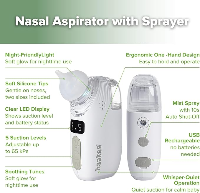 Haakaa Nasal Aspirator for Baby, 2-in-1 Electric Baby Nasal Aspirator with Sprayer β Baby Nose Sucker, Nose Sucker for Baby β 5 Adjustable Suction Levels up to 65kPa, Quiet, Music & Lights