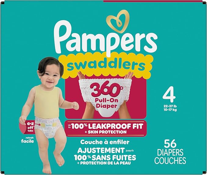 Pampers Diapers - Swaddlers 360° - Size 4, 56 Count, up to 100% Leakproof Comfy Dry Fit, Designed for Easy Changes, Pull On Baby Diaper (Packaging May Vary)