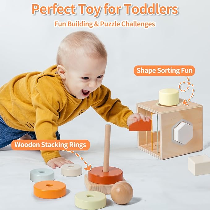 Montessori Toys for 1-3 Year Old, Baby Toys 12-18 Months, Wooden Stacking Rings Toy for Toddlers, Shape Sorting Cube, Xylophone, Preschool Sensory Developmental Educational Toy for Babies
