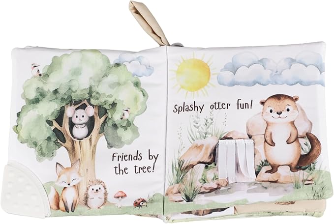 Ali+Oli Baby Cloth Book – Soft Sensory Crinkle Book with Teether for Infants 0-12 Months – Early Learning Touch & Feel Tummy Time Toy – Newborn Shower Gift for Boys & Girls - Forest Friends