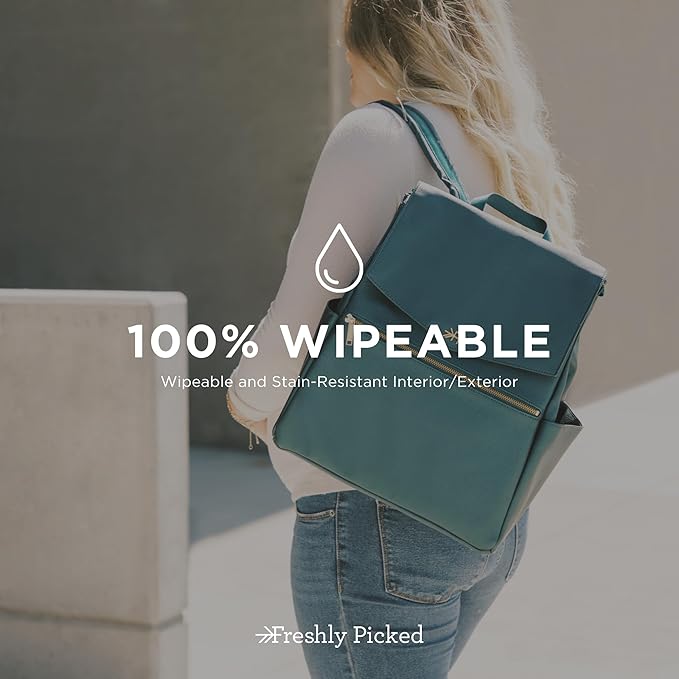 Freshly Picked Classic II Diaper Bag Backpack, Wipeable Vegan Leather With Changing Pad (Emerald V2)