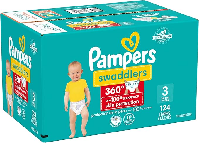 Pampers Diapers - Swaddlers 360° - Size 3, 124 Count, up to 100% Leakproof Comfy Dry Fit, Designed for Easy Changes, Pull On Baby Diaper (Packaging May Vary)