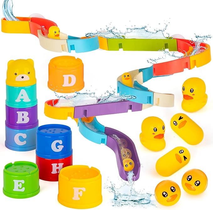 ArtCreativity 29 PCS Duck Bathtub Slide Toys, Toddler Bath Tub Water Toy Set with Bonus Stacking Cups, Lights & Sounds - Fun Birthday Gift for Boys & Girls, Kids Shower Toy and Pool Accessories