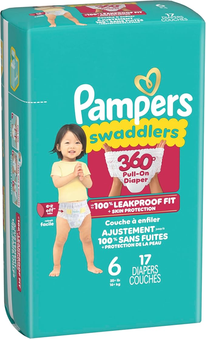 Pampers Diapers - Swaddlers 360° - Size 6, 17 Count, up to 100% Leakproof Comfy Dry Fit, Designed for Easy Changes, Pull On Baby Diaper
