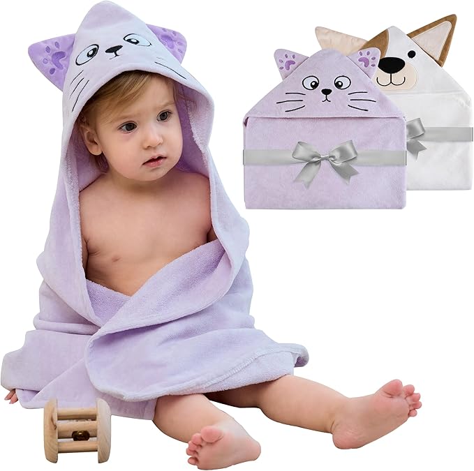 Mooreeke 2 Pack Toddler Towels - 100% Cotton Toddler Hooded Towels - Soft Baby Bath Towel with Hood for Newborn - Comfort Towel for Baby Girls and Boys - Animal Shaped (Puppy & Cat)
