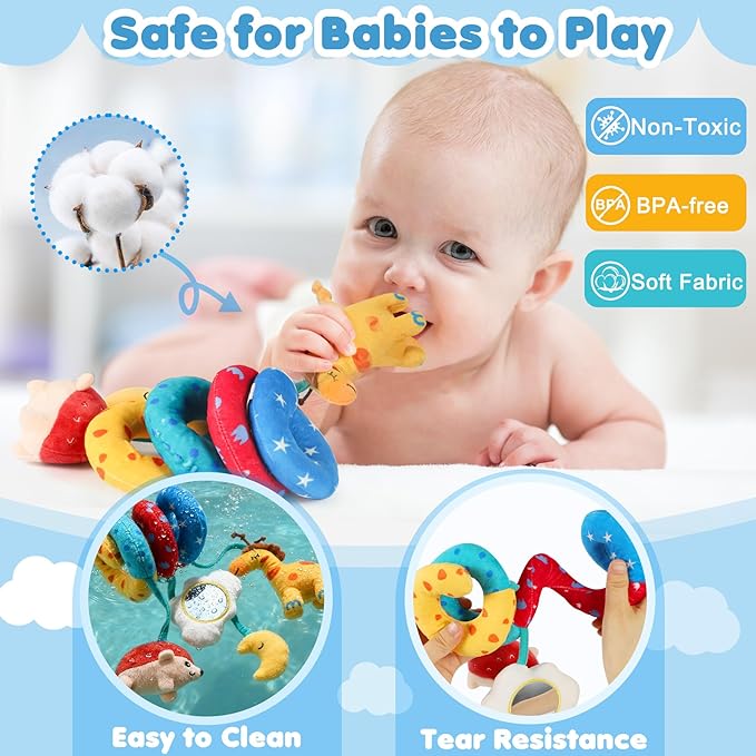 URMYWO Spiral Car Seat Toys for Babies 0-6 Months, Hanging Toy Fits Stroller, Developmental Sensory Baby Toy with Teether Crinkle Mirror, Baby Travel Gear Shower Gift for Boys Girls