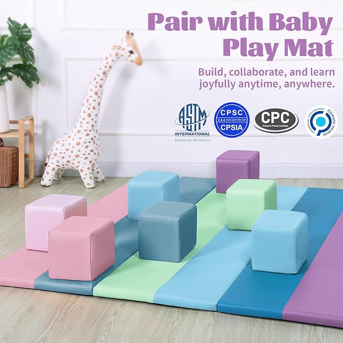 Foam Building Blocks for Toddlers:12-Pieces Wipeable Leather Stacking Cubes Kids - Large Soft Toys Play Set for Learning Construction Baby Preschool Daycare Therapy Birthday Gift (Purple Pink)