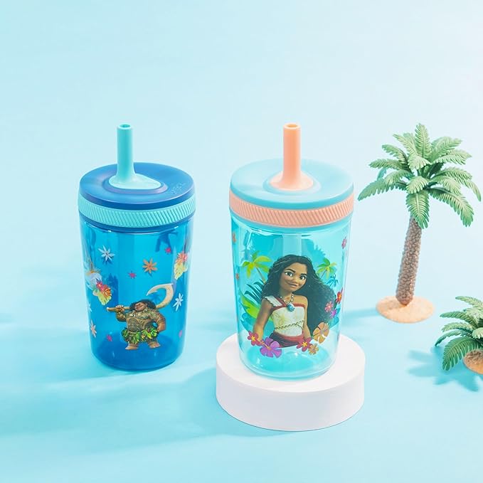 Zak Designs Disney Moana 2 Kelso Toddler Cups For Travel or At Home, 15oz 2-Pack Durable Plastic Sippy Cups With Leak-Proof Design is Perfect For Kids (Moana, Maui, Simea)