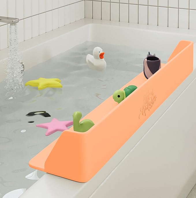 Original Little Splasher PlayPad, Bathtub Splash Guard Play Shelf - Toy Tray Caddy Holder Storage - Suction Cups Attach to Bath Tub - No Mess Water Spill in Bathroom for Toddlers Kids Baby (Orange)